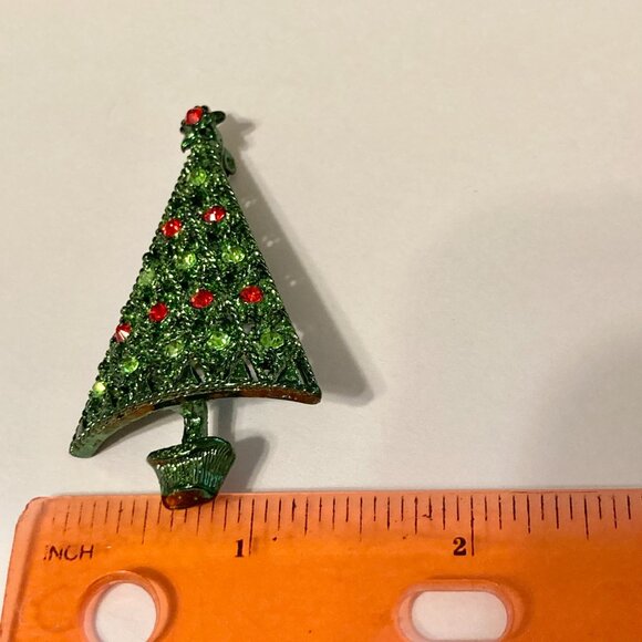 Vintage Crystal Christmas Tree Pin Brooch Star Red Green Enamel Crystals - Picture 10 of 11